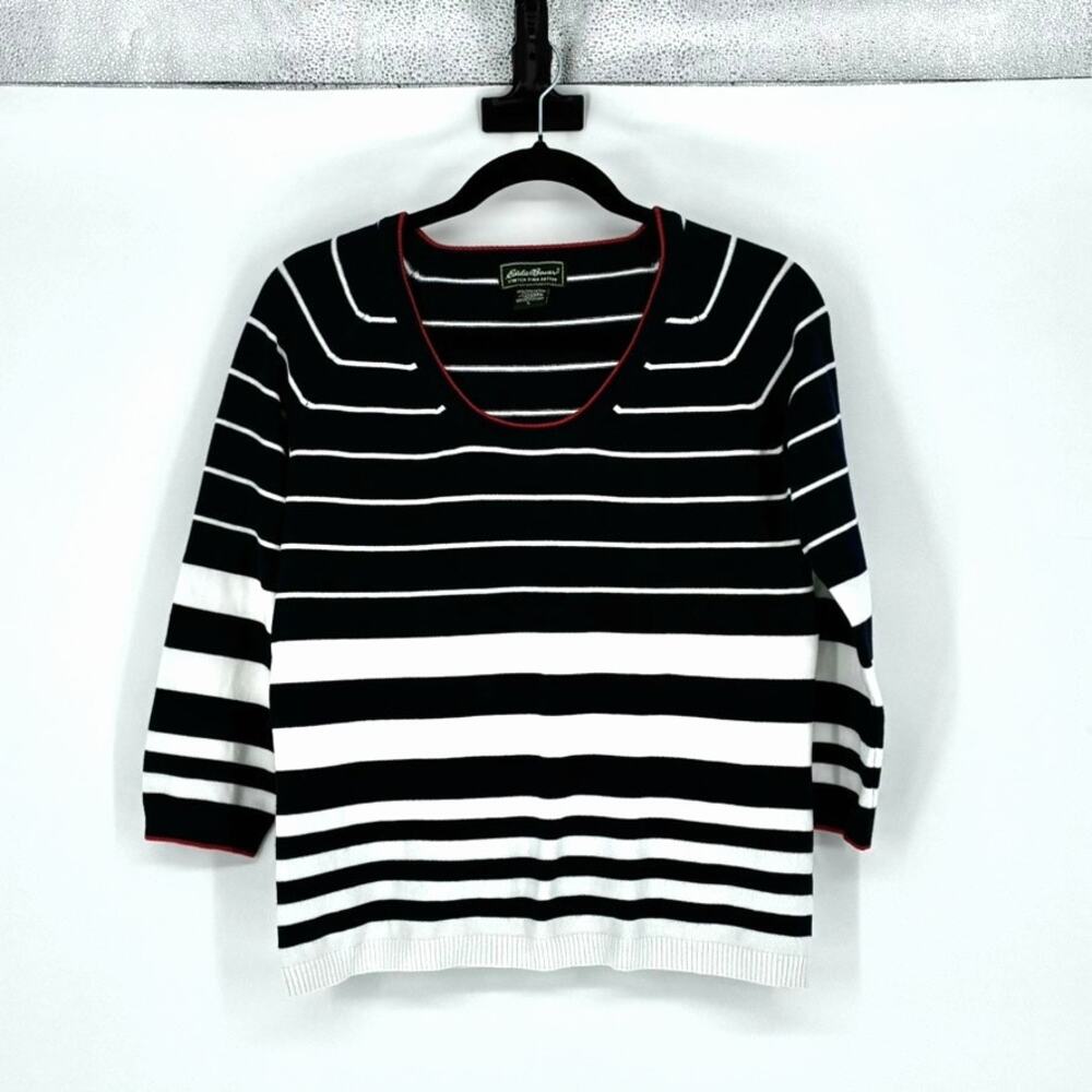 Vtg Eddie Bauer Navy & Cream Stripe Stretch Pima Cotton Cropped Sweater - Size L